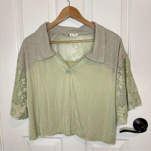 POL Pistachio GreenTan Ribbed Floral Lace Mixed Media Polo Collared Crop Top L